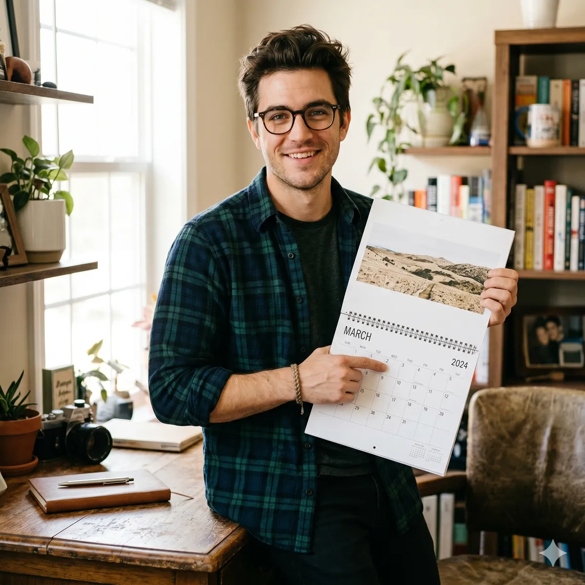 Person holding a March calendar in a home office, smiling